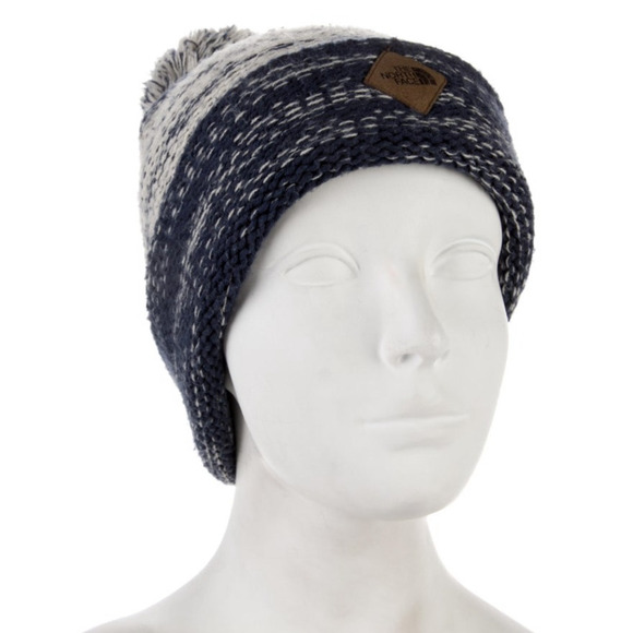 North Face Hat Beanie Pom Pom Knit Blue White Striped Winter Warm Outdoor‎ NWOT - Picture 2 of 6